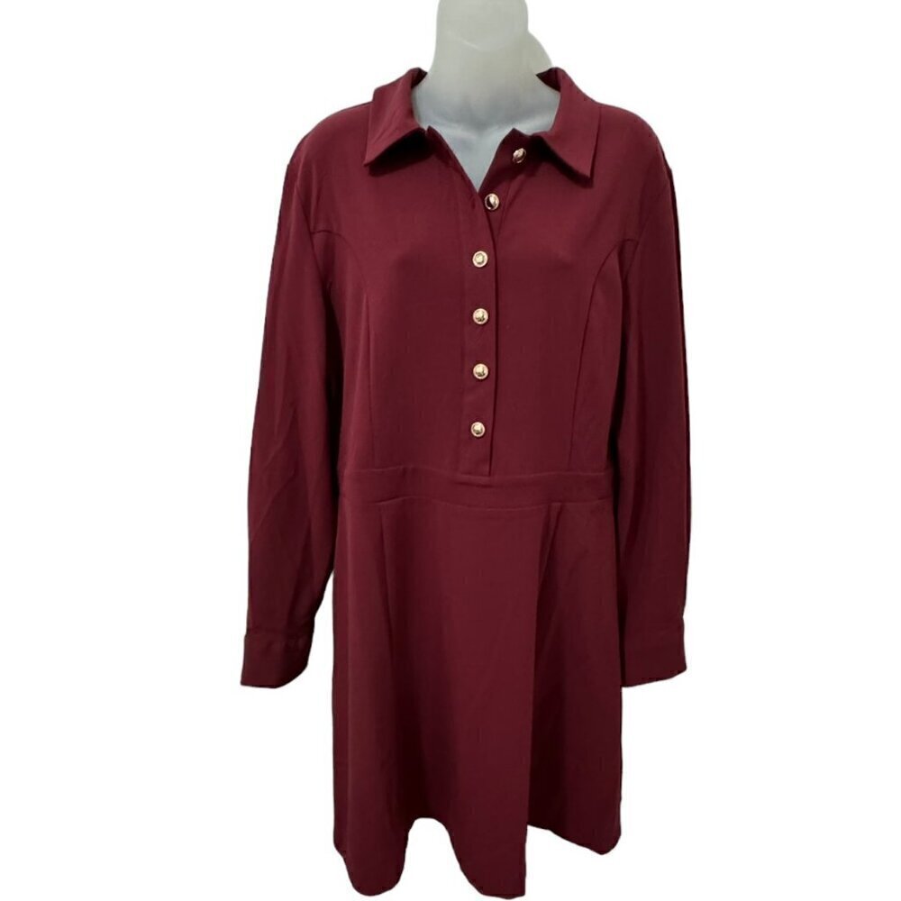 HALOGEN Womens Button Front Long‎ Sleeve Shirtdress Maroon Size L NEW